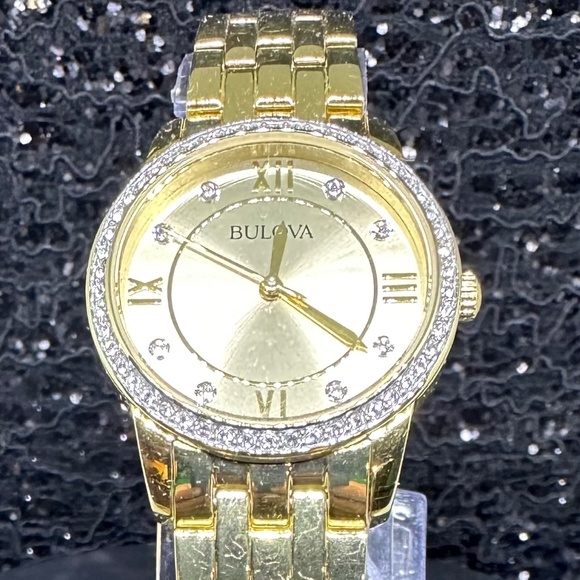Women's (NWOT) Gold Bulova Watch with Crystal Bezel, Gold Face, and Diamonds - Picture 1 of 3